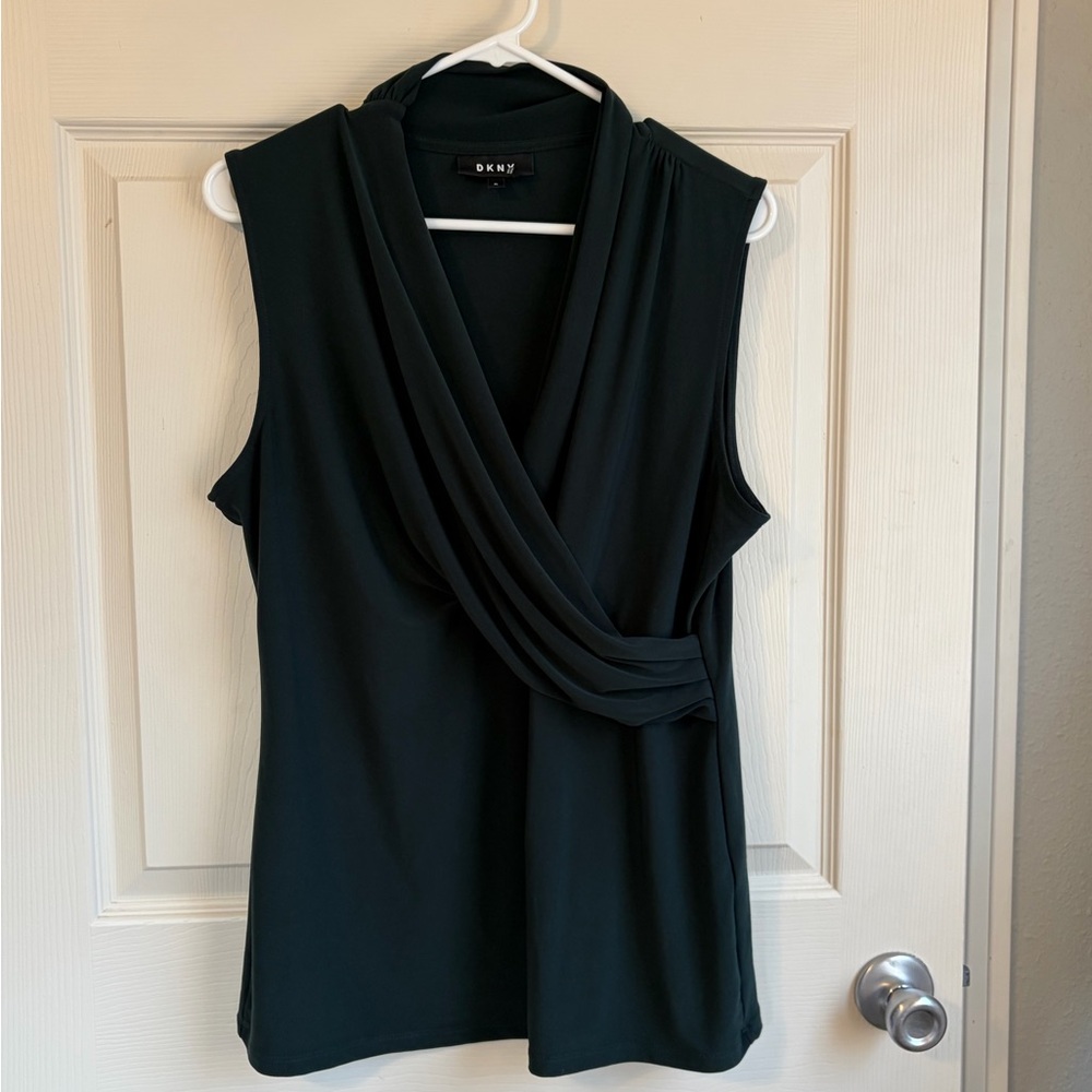 DKNY Draped Sleeveless Top – Dark Green, XL